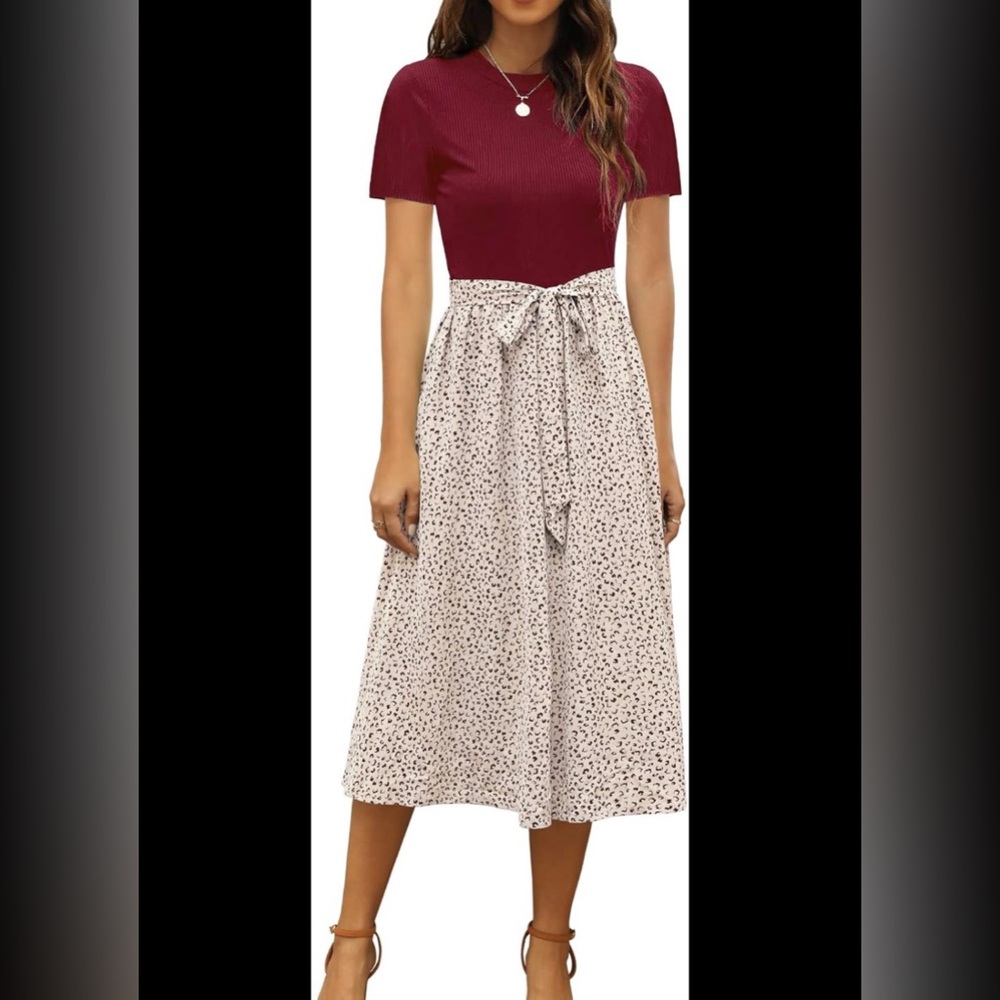 Women’s Maroon Knit Top & Cream Printed Midi Dress with Tie Waist